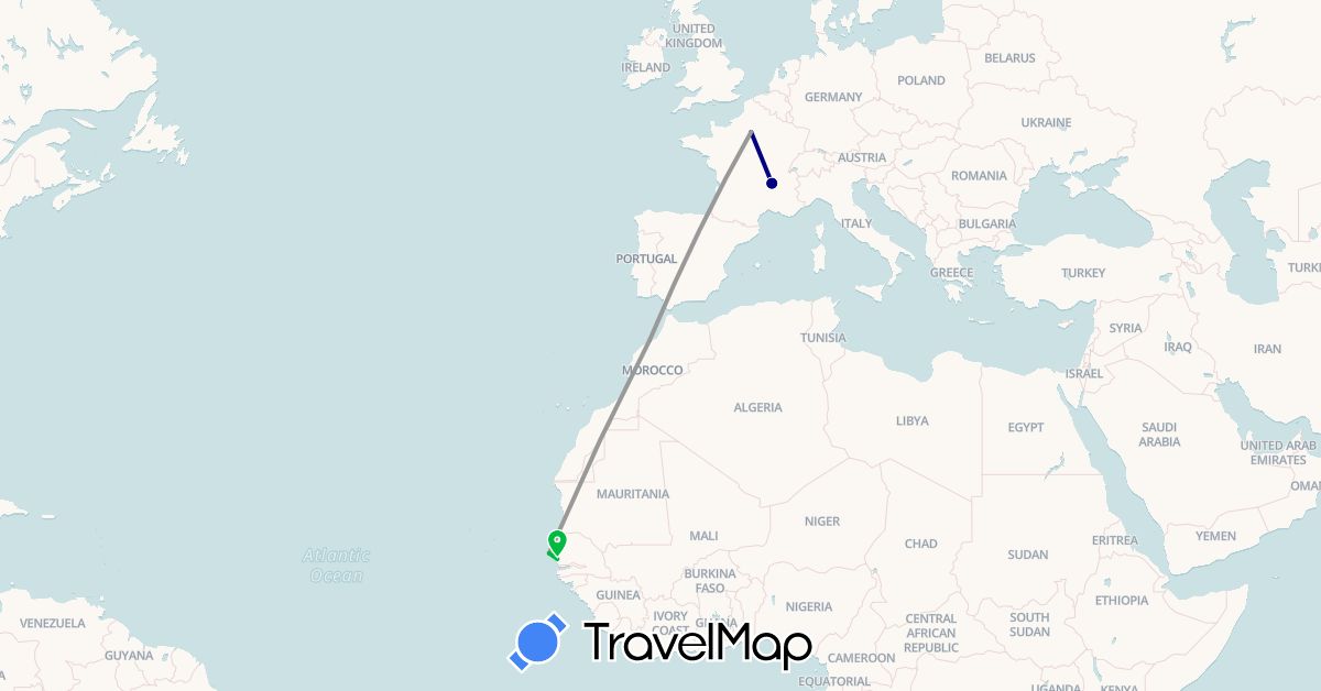 TravelMap itinerary: driving, bus, plane in France, Morocco, Senegal (Africa, Europe)